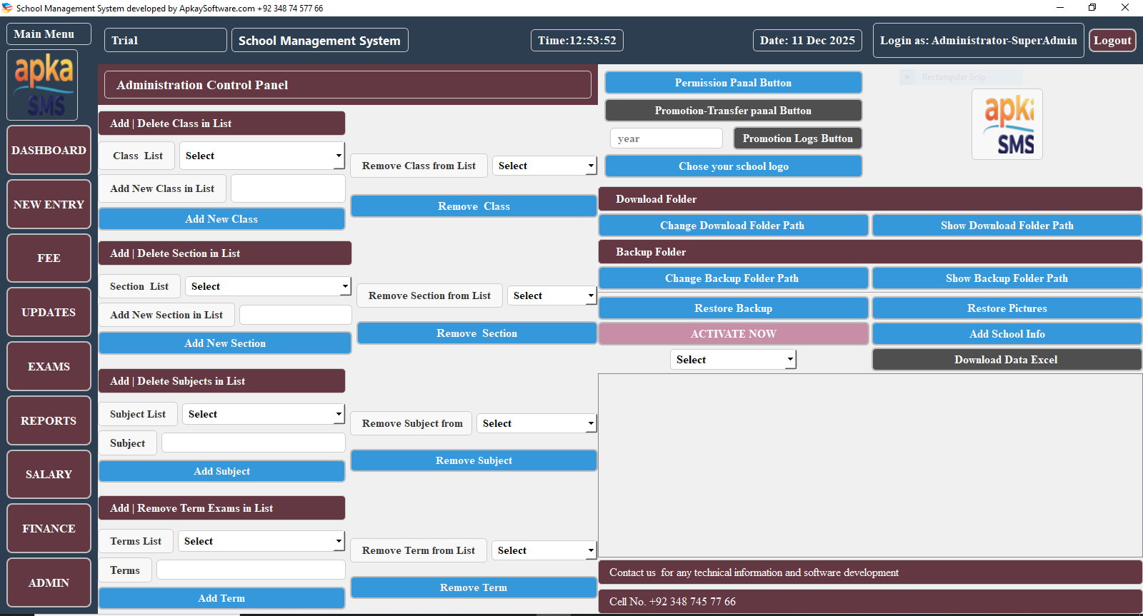 Free School management system administration screenshot