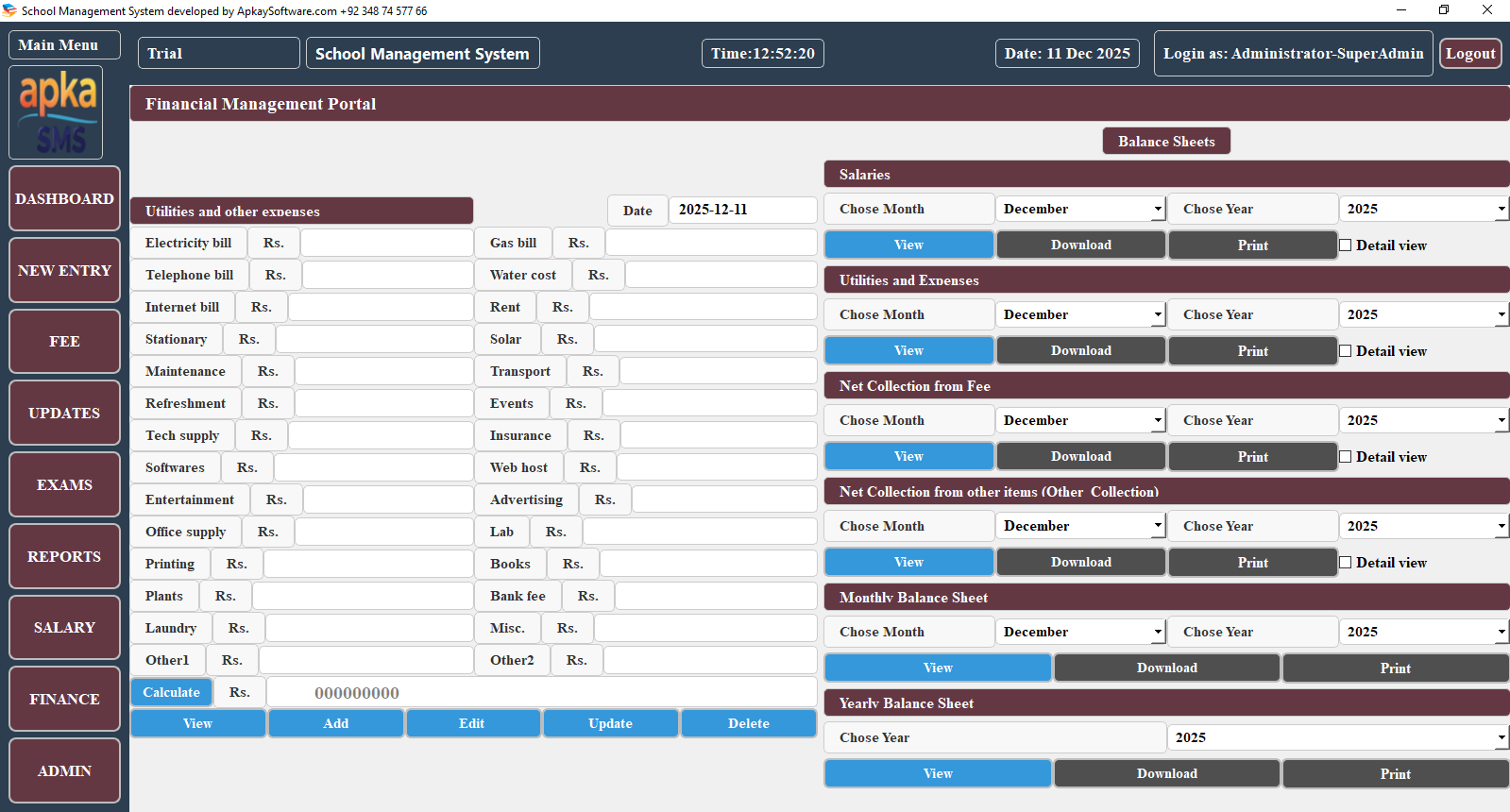 Free School management system financial management screenshot