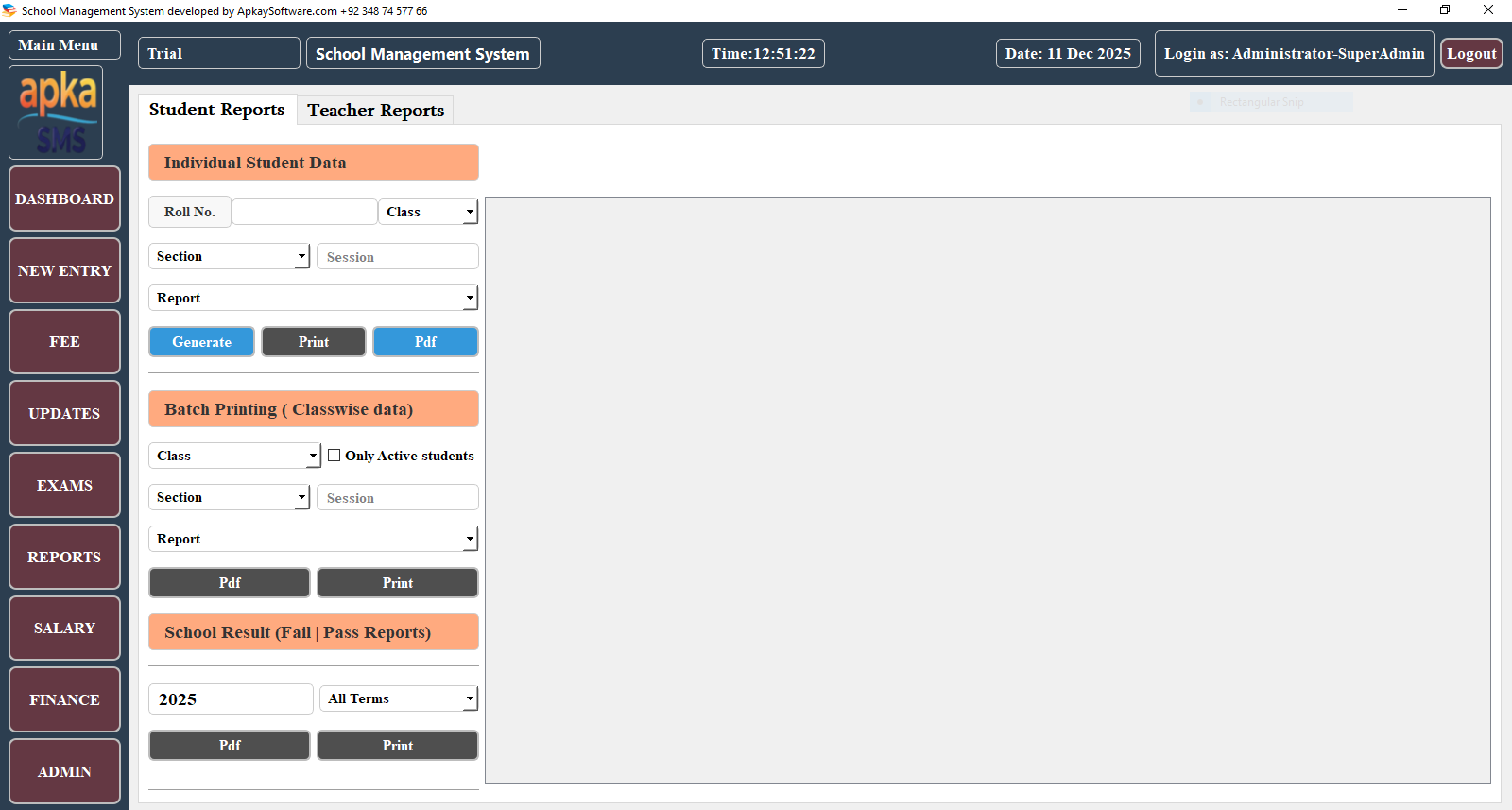 Free School management system reports screenshot